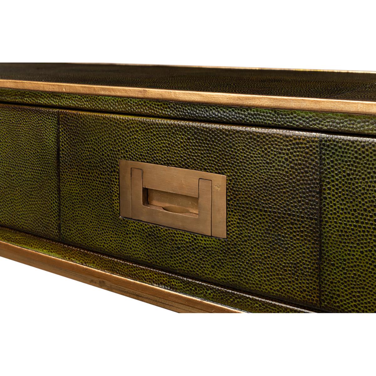 Modern Campaign Green Leather Wrapped Console Table In New Condition For Sale In Westwood, NJ