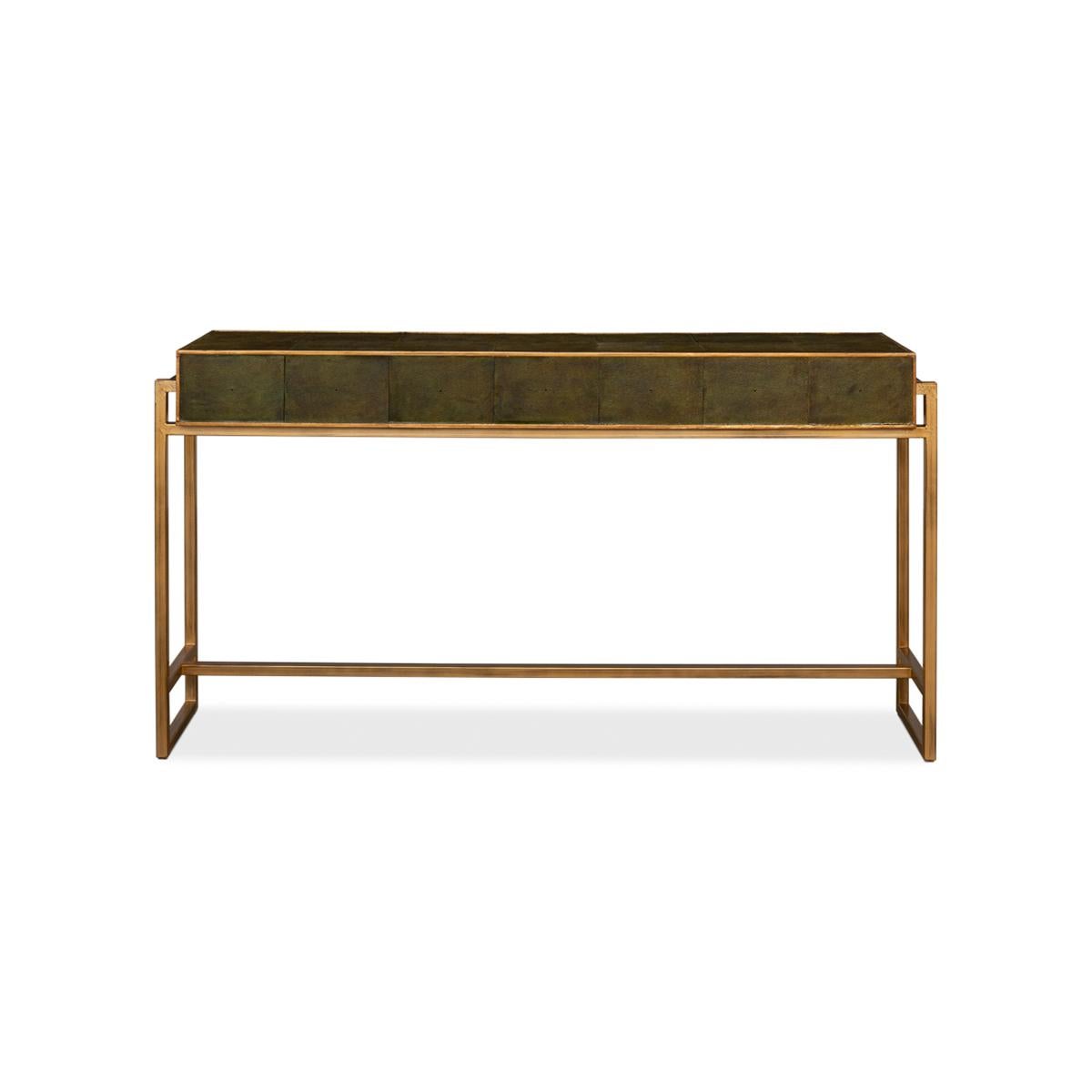 Contemporary Modern Campaign Green Leather Wrapped Console Table For Sale