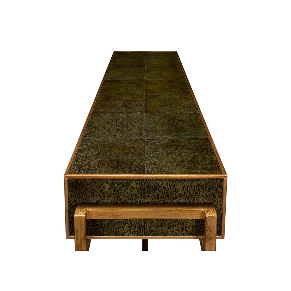 Modern Campaign Green Leather Wrapped Console Table For Sale 1