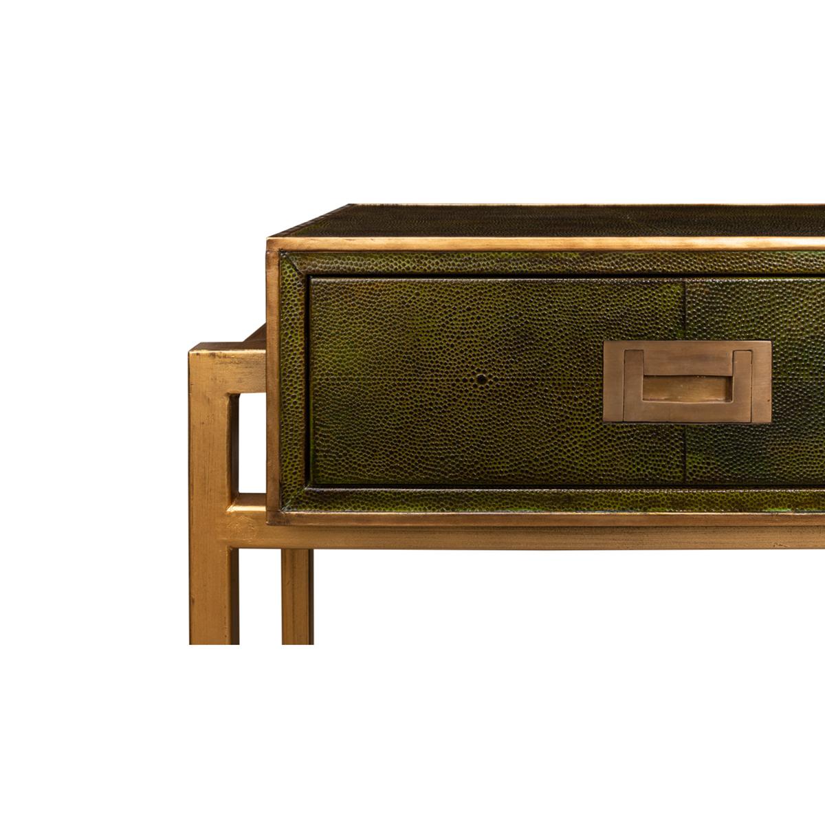 Modern Campaign Green Leather Wrapped Console Table For Sale 2