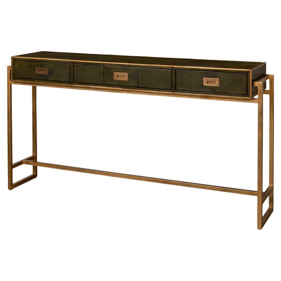 Modern Campaign Green Leather Wrapped Console Table For Sale