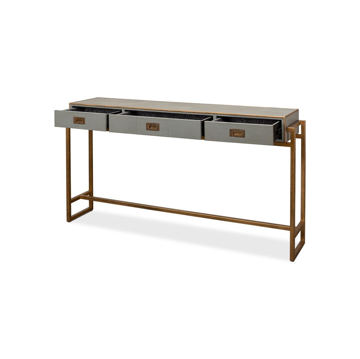 Asian Modern Campaign Grey Leather Wrapped Console Table