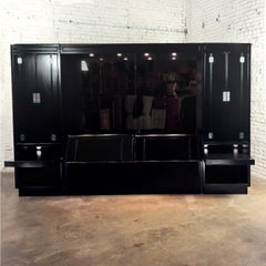 Modern Campaign Henredon Black Lacquered Modular King Bed w/Side Cabinets