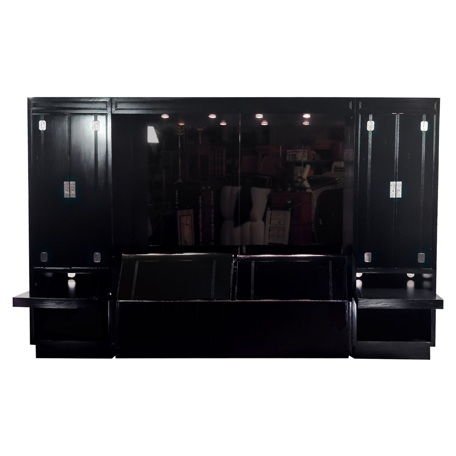 Lit modulable moderne Henredon laqué noir avec armoires latérales en vente