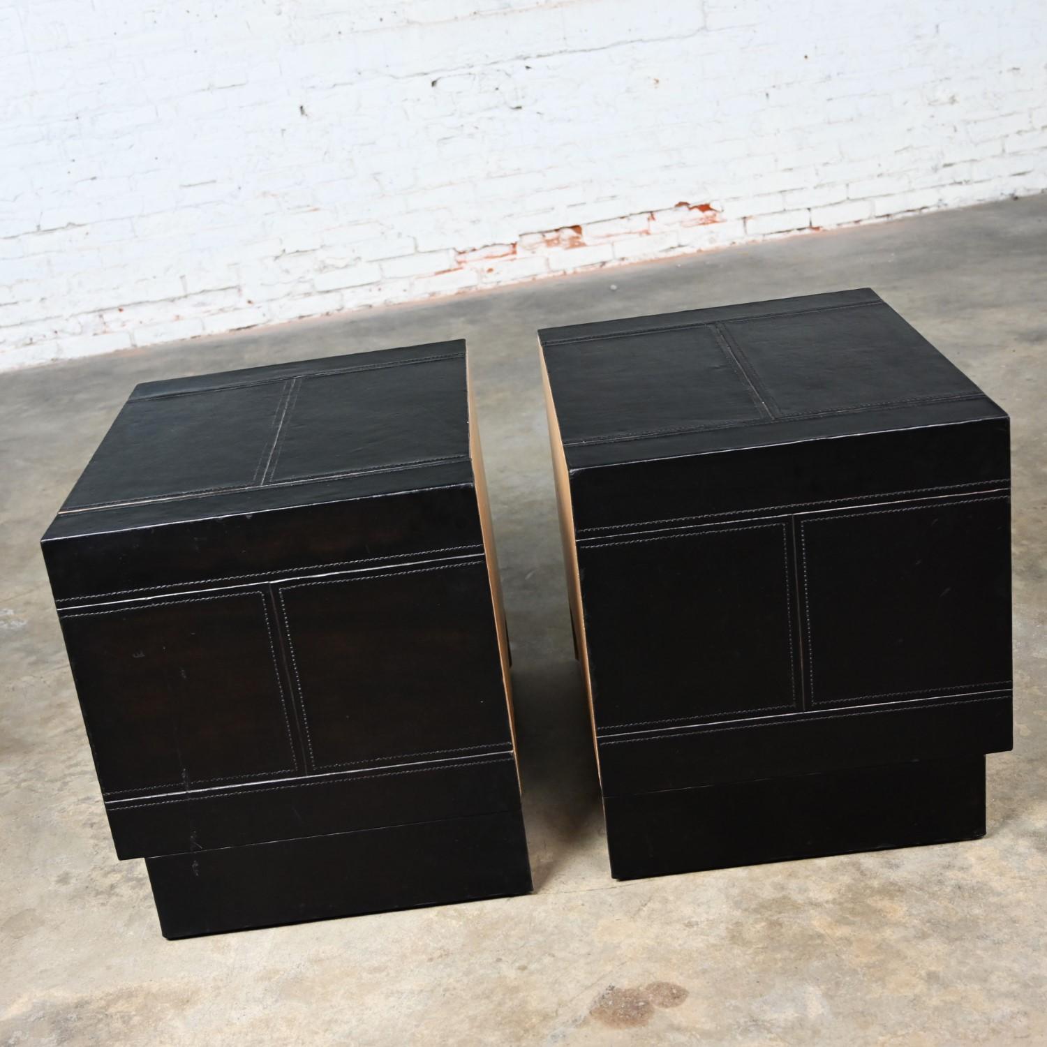 Modern Campaign Style Black Espresso Dyed Leather End Tables Nightstands, a Pair For Sale 6