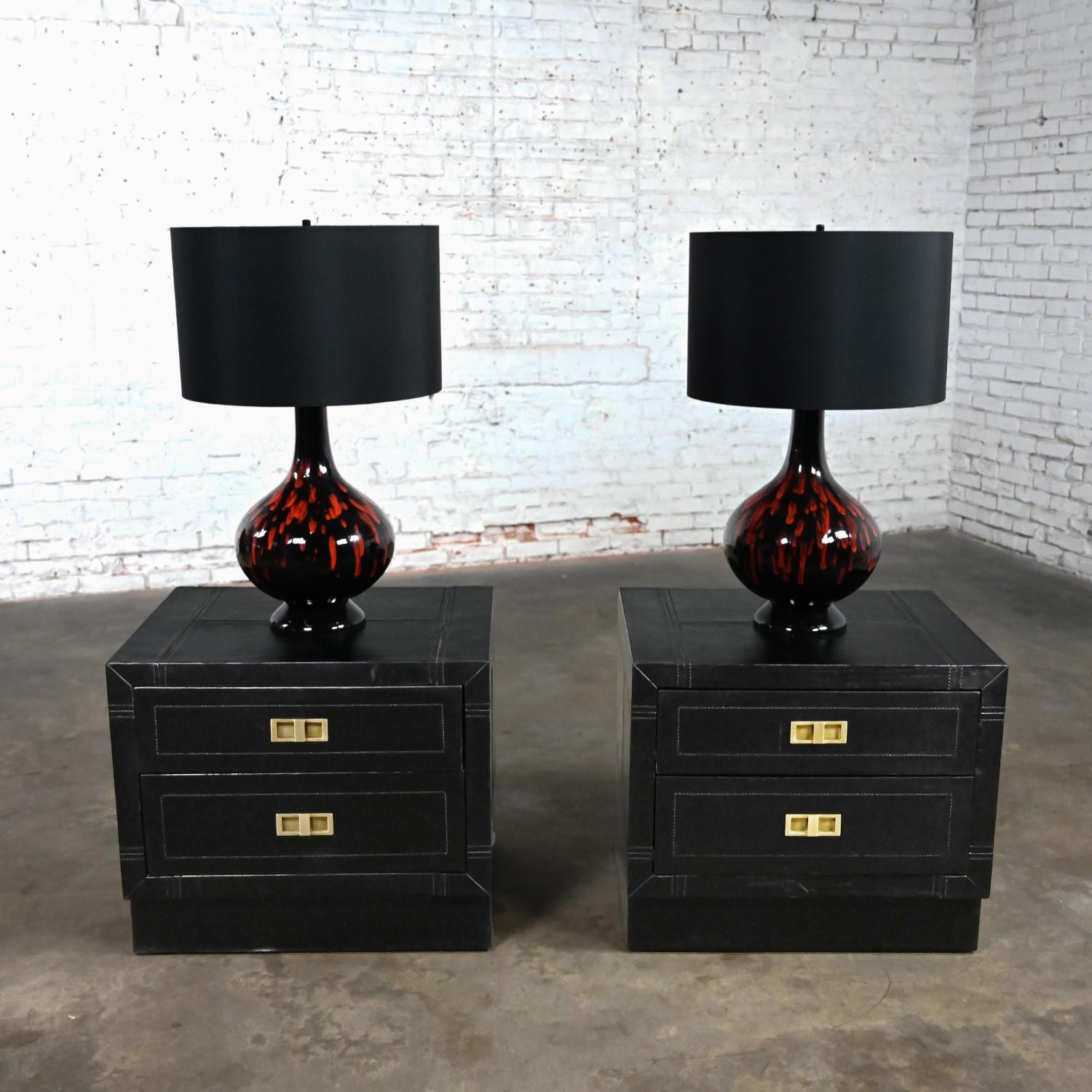 Modern Campaign Style Black Espresso Dyed Leather End Tables Nightstands, a Pair For Sale 14