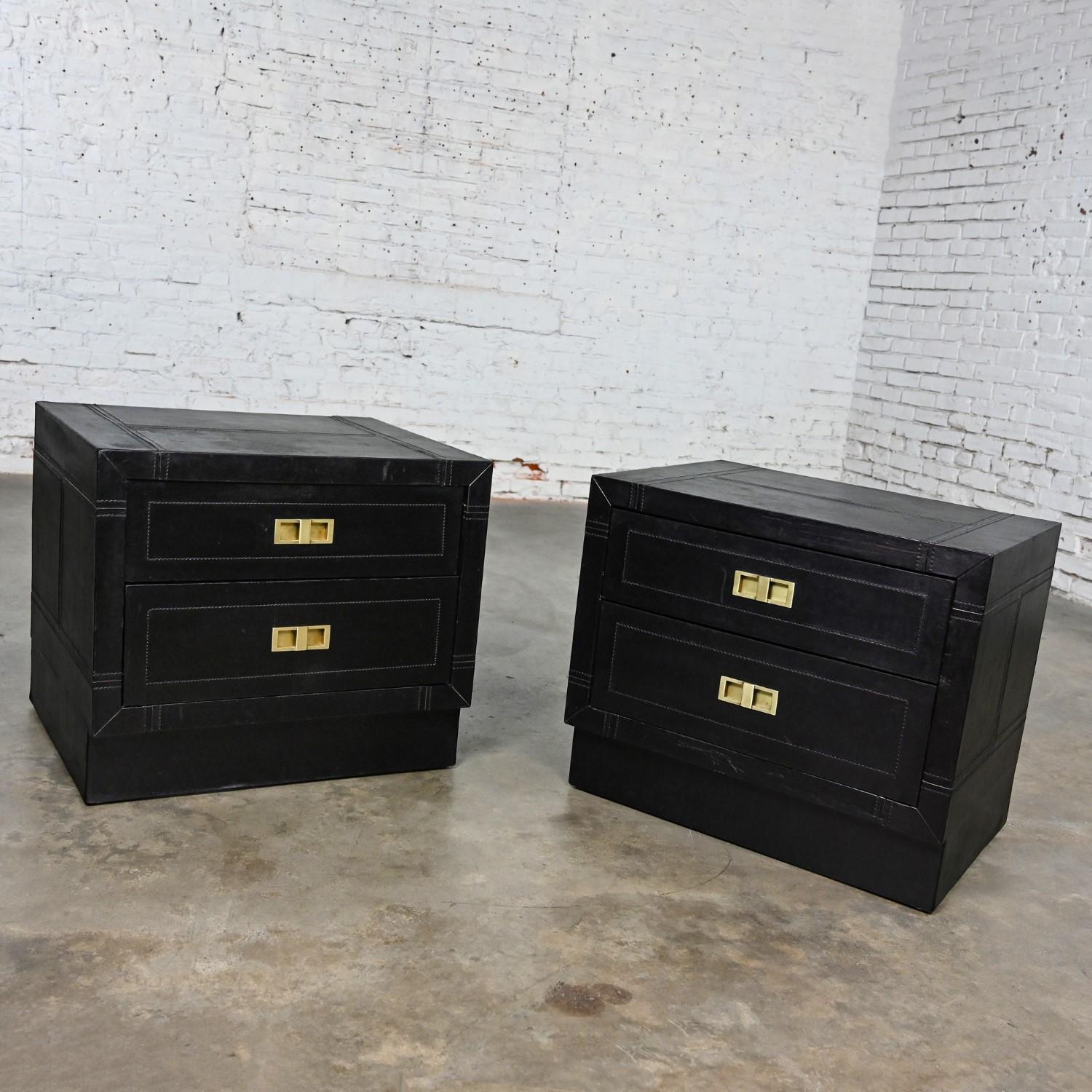 Unknown Modern Campaign Style Black Espresso Dyed Leather End Tables Nightstands, a Pair For Sale