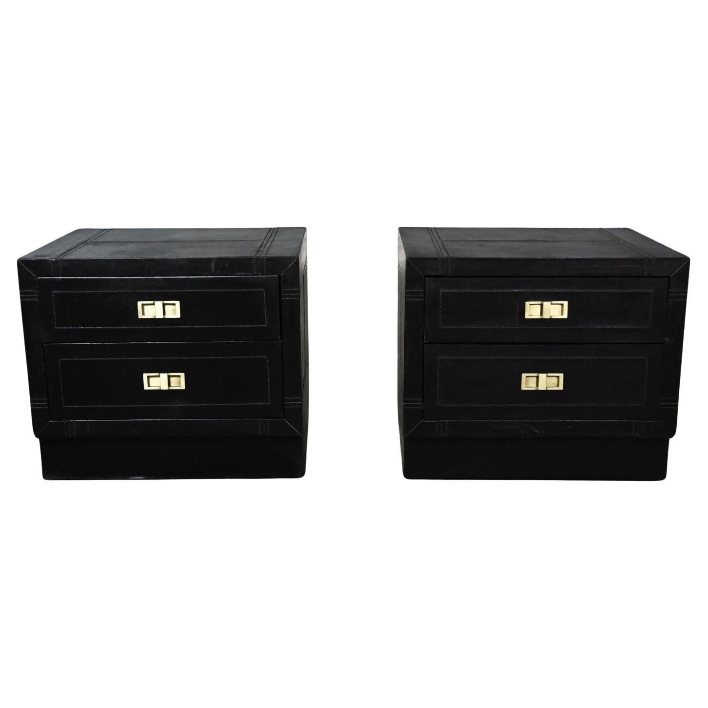 Modern Campaign Style Black Espresso Dyed Leather End Tables Nightstands, a Pair