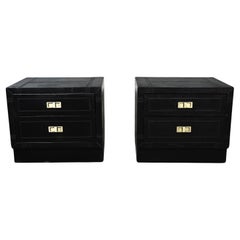 Retro Modern Campaign Style Black Espresso Dyed Leather End Tables Nightstands, a Pair