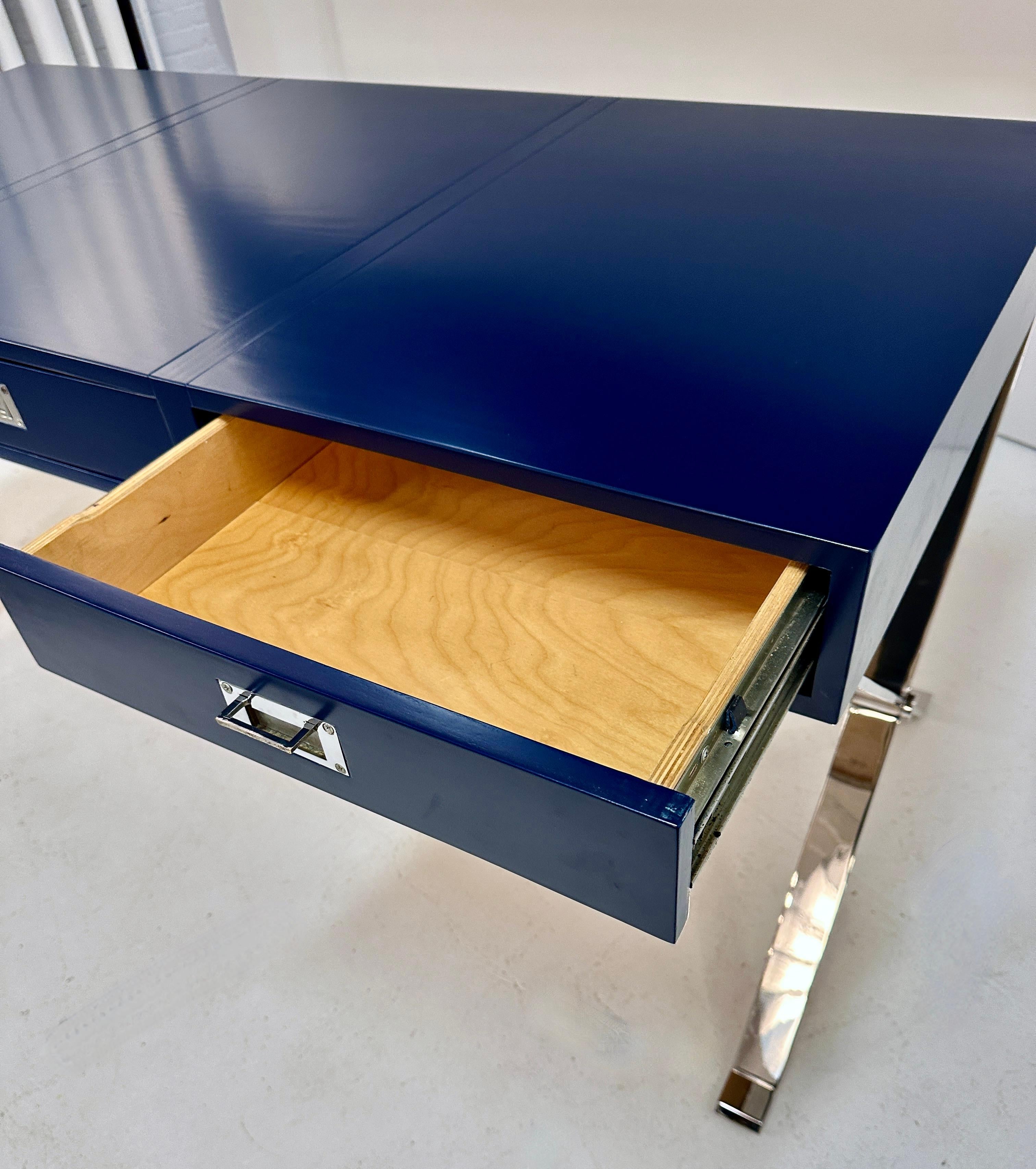 Modern Campaign-Style Desk, Lacquered in Navy Blue For Sale 5