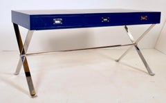 Modern Campaign-Style Desk, Lacquered in Navy Blue