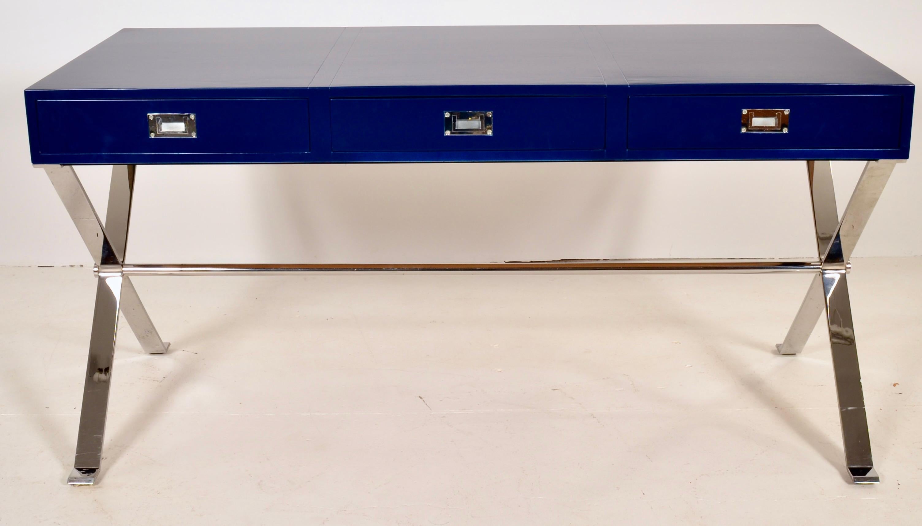 American Modern Campaign-Style Desk, Lacquered in Navy Blue For Sale