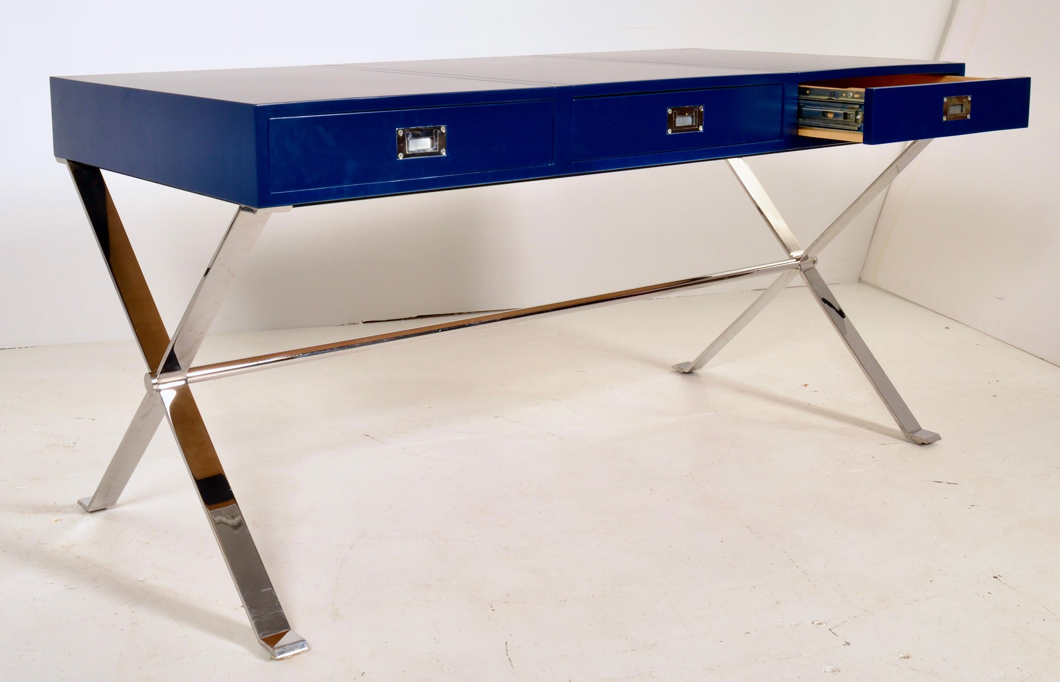 Modern Campaign-Style Desk, Lacquered in Navy Blue In Good Condition For Sale In Norwalk, CT