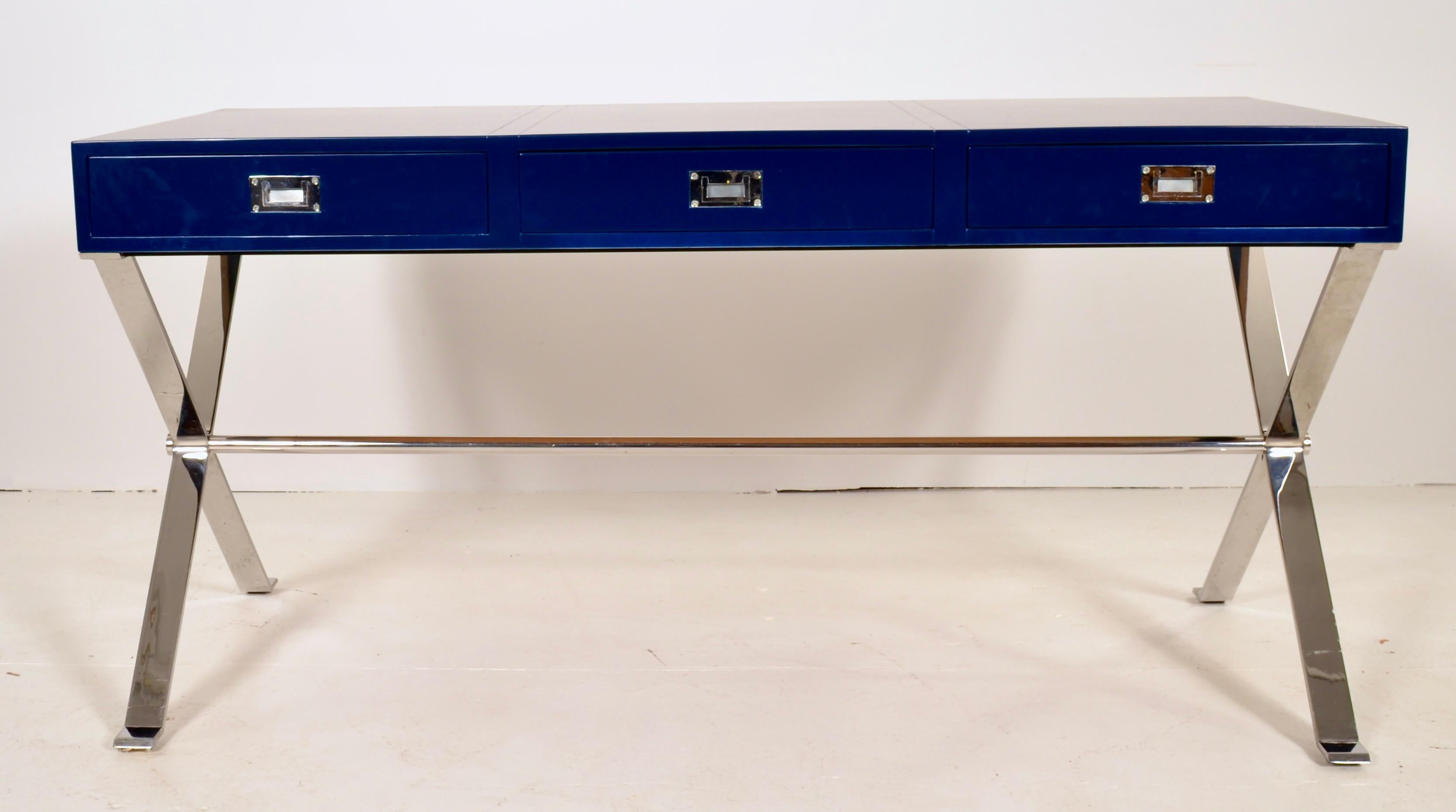 Late 20th Century Modern Campaign-Style Desk, Lacquered in Navy Blue For Sale