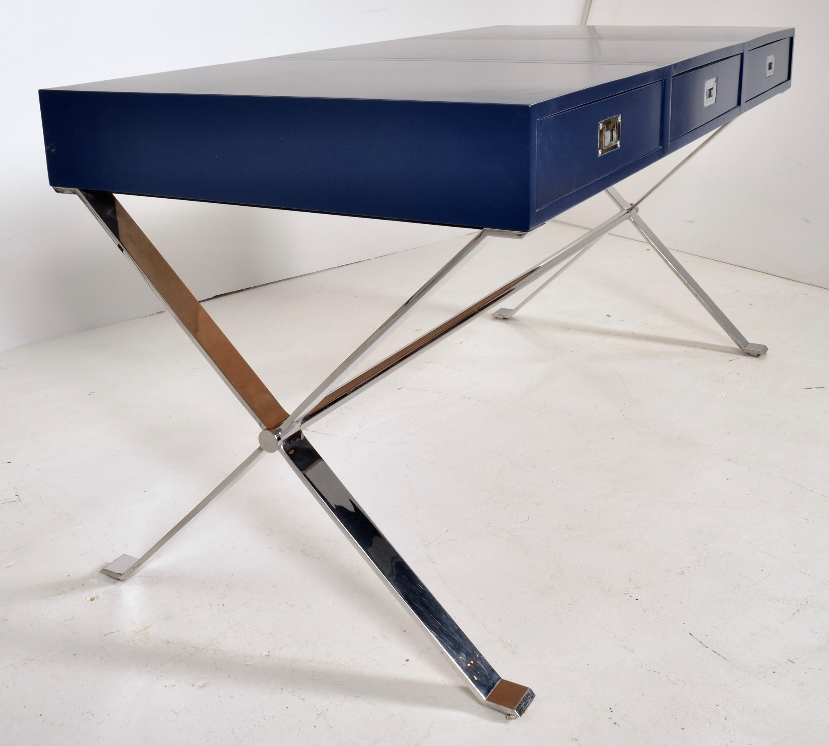 Steel Modern Campaign-Style Desk, Lacquered in Navy Blue For Sale
