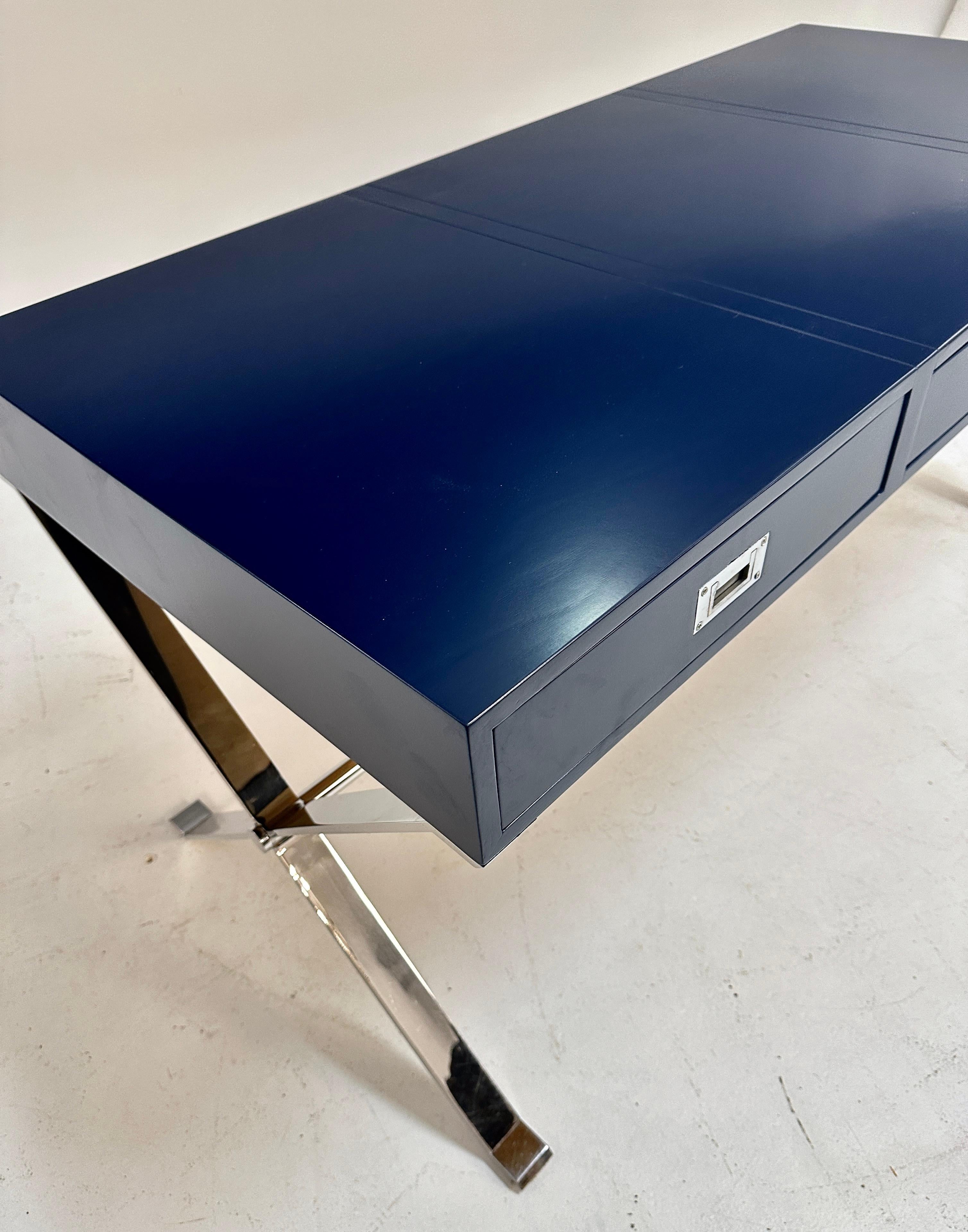 Modern Campaign-Style Desk, Lacquered in Navy Blue For Sale 1