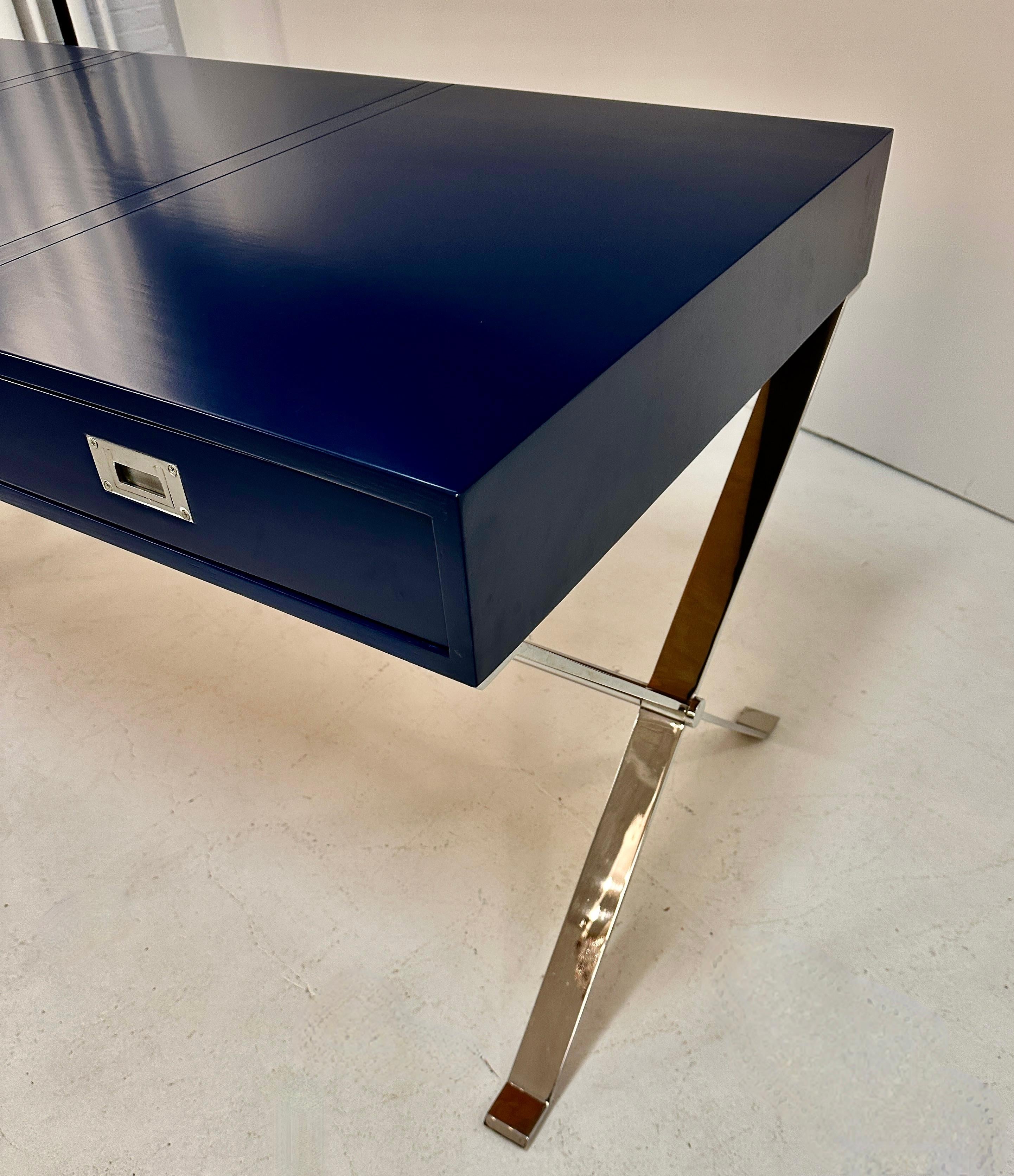 Modern Campaign-Style Desk, Lacquered in Navy Blue For Sale 2