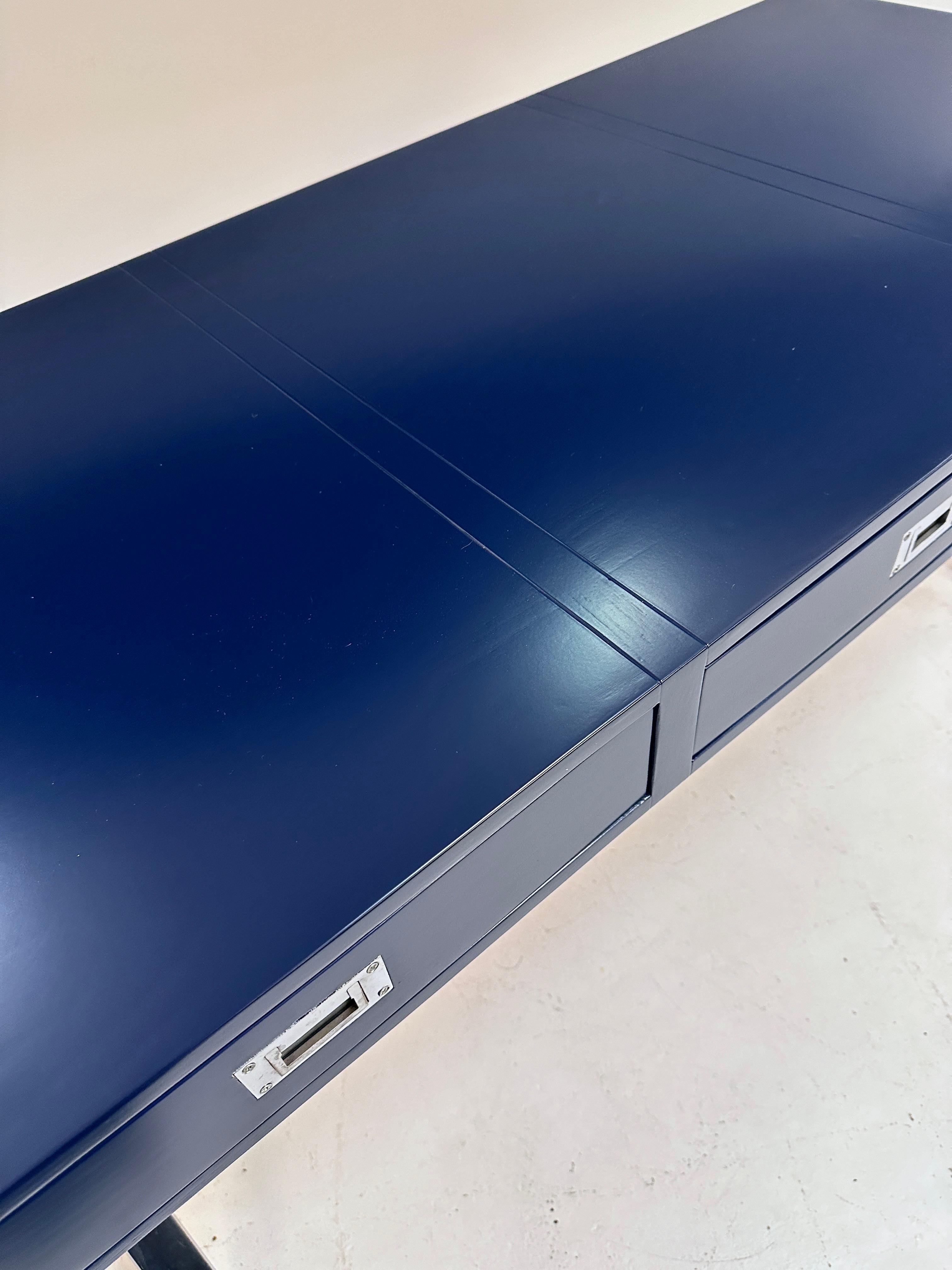 Modern Campaign-Style Desk, Lacquered in Navy Blue For Sale 3