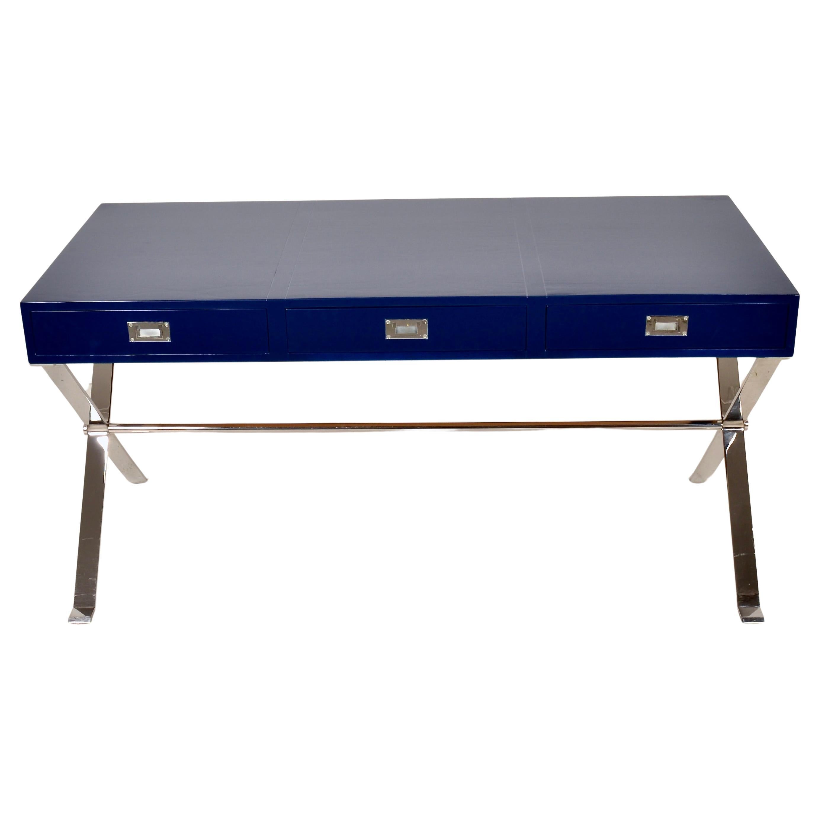 Modern Campaign-Style Desk, Lacquered in Navy Blue
