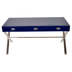 Modern Campaign-Style Desk, Lacquered in Navy Blue