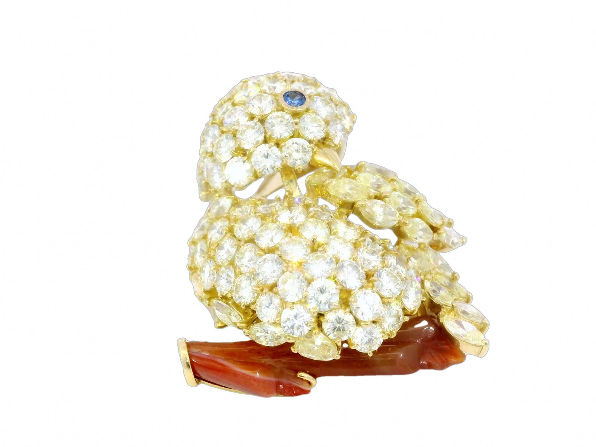 Women's or Men's Modern Diamond Bird Brooch ~14ctw Yellow and White Diamonds 18k Yellow Gold For Sale