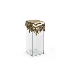 Modern Candle Pedestal in Polished Brass and Glass Base, Melted Metal Art Table