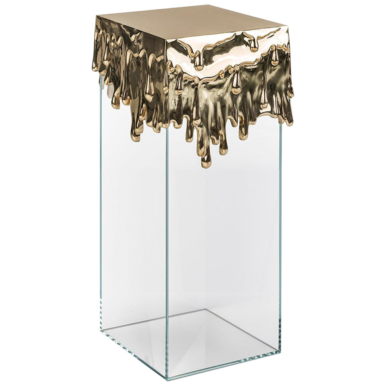 Modern Candle Pedestal in Polished Brass and Glass Base, Melted Metal Art Table
