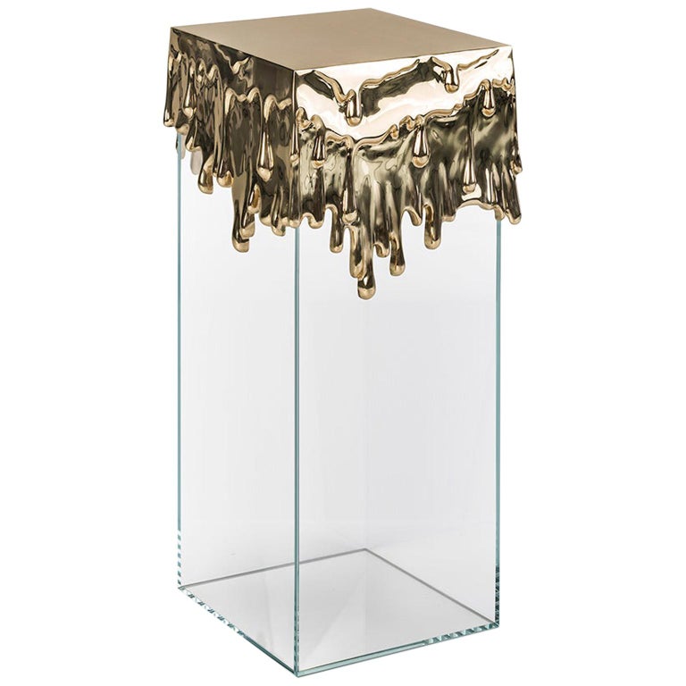 Modern Candle Pedestal in Polished Brass and Glass Base, Melted Metal Art Table For Sale