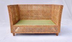 Modern Cane & Teak Settee in Sunbrella Upholstery