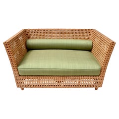 Modern Cane & Teak Settee in Sunbrella Upholstery