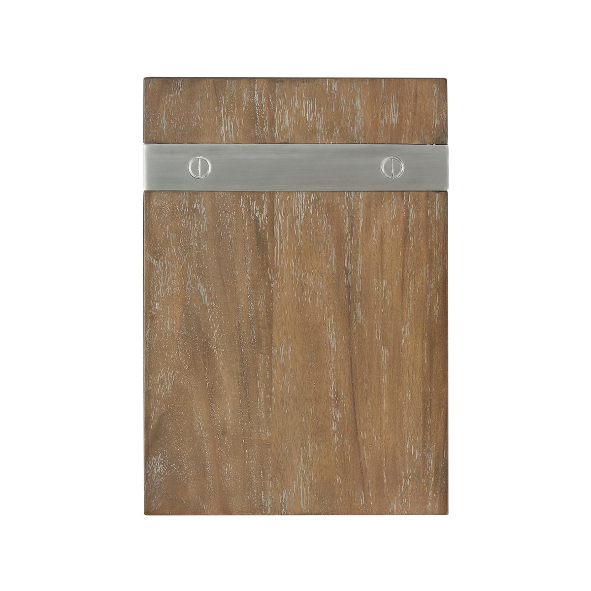 A simple modern cantilever design with a modern mangrove finish top, with a brushed nickel finish metal support and with industrial modern slot screw accents.

Dimensions: 10