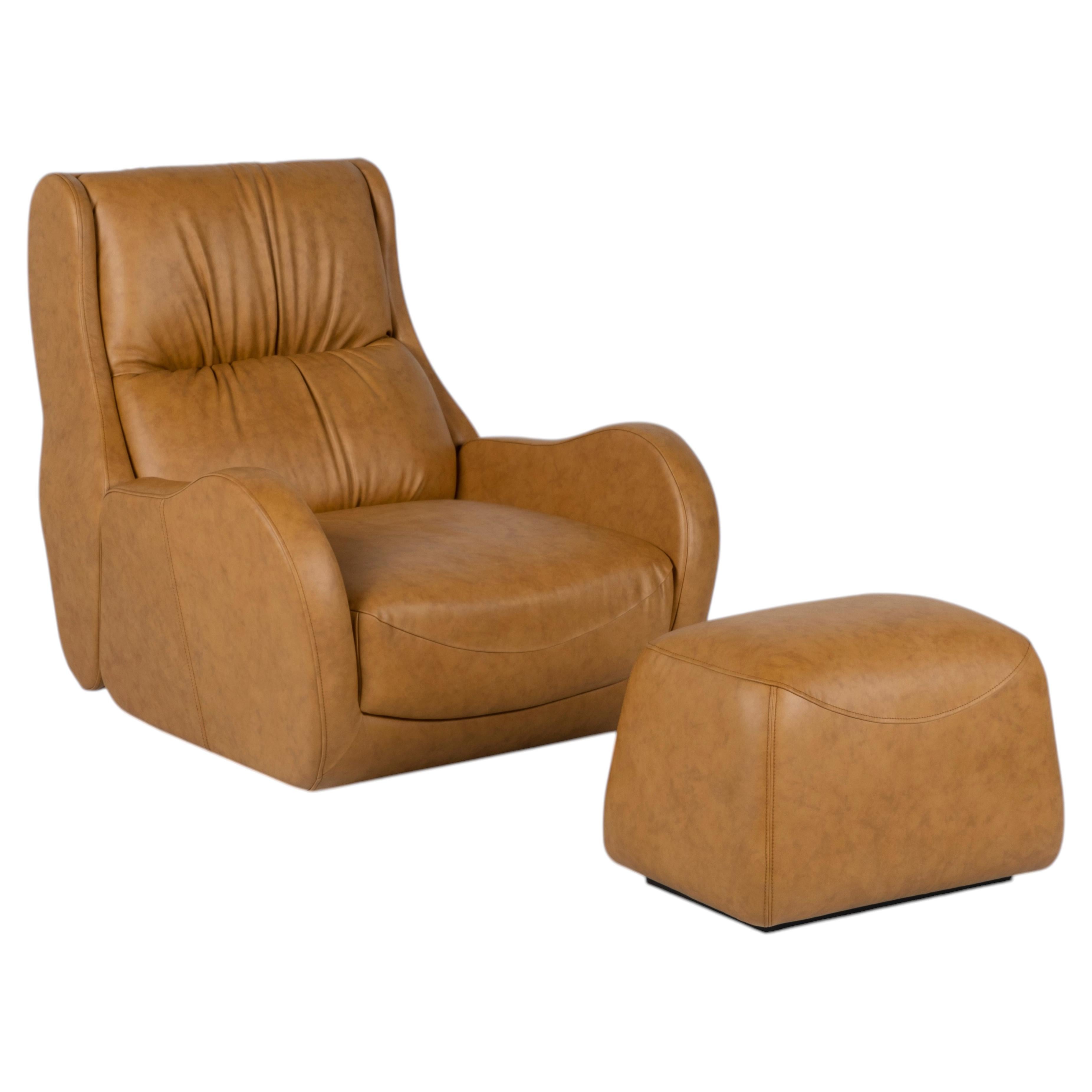 Modern Capelinhos Swivel Lounge Chair With Footstool, Leather, by Greenapple