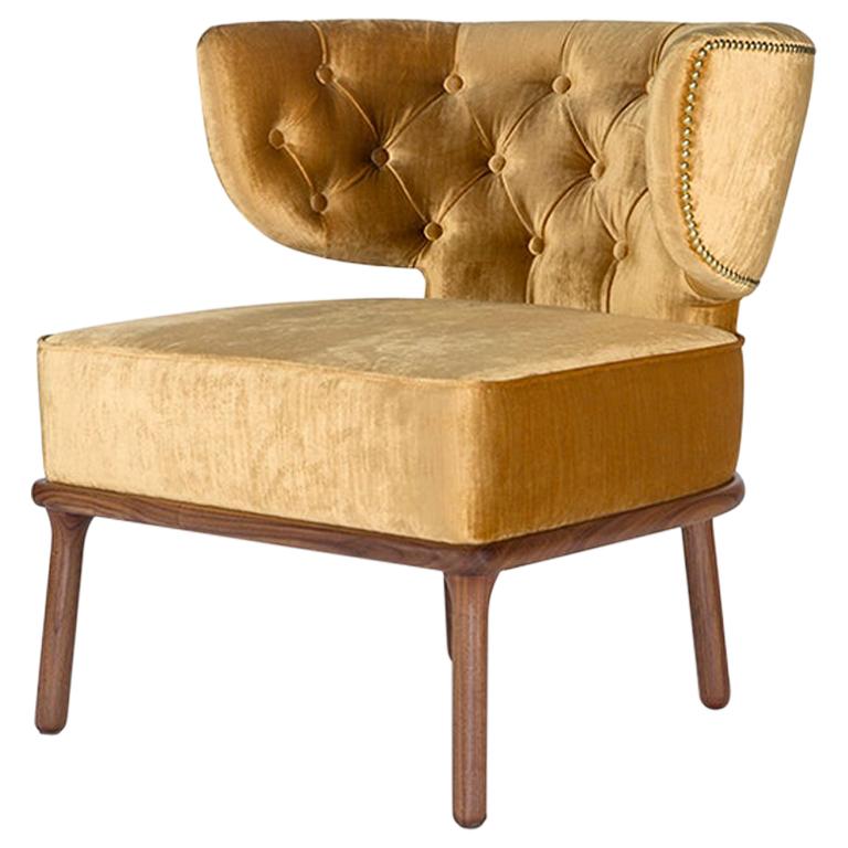 Modern Capi Armchair in Velvet Capitoné Upholstery and Solid Walnut Wood Foot