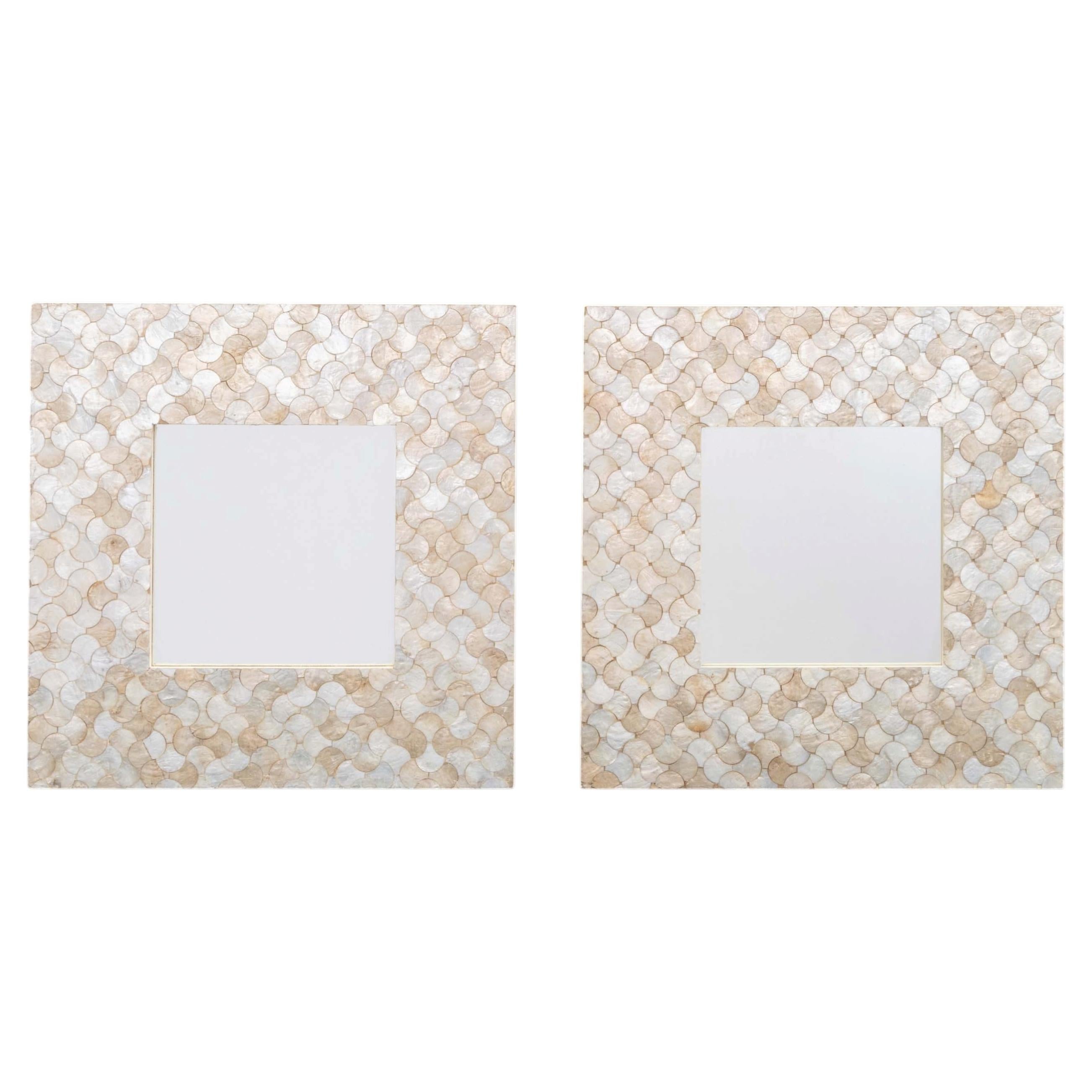 Pair of  Square Modern Capiz Shell Framed Wall  Mirrors For Sale