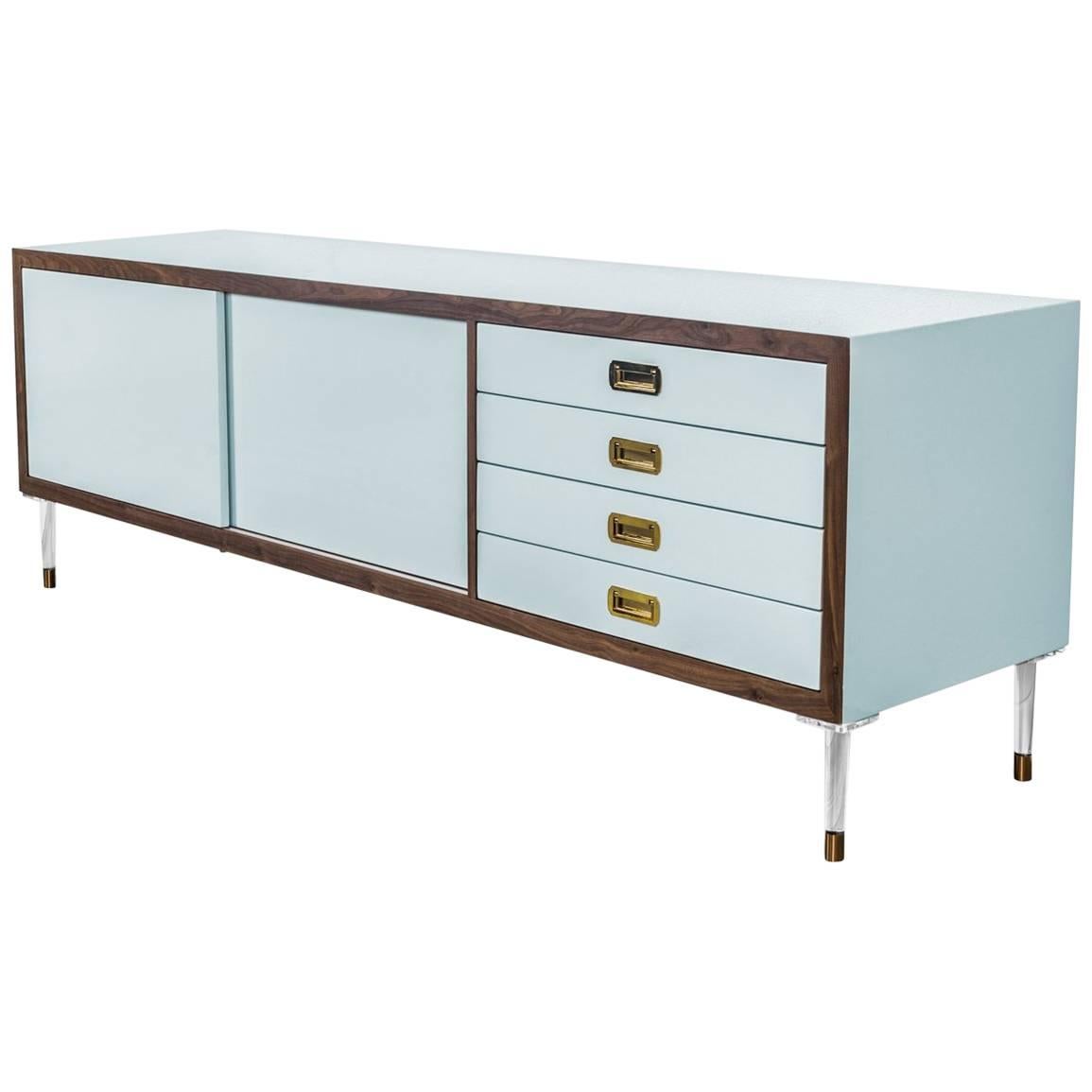 Modern Capri Blue Lacquered Credenza with Walnut trim, Brass Pulls 
Lucite Legs For Sale