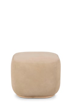 Modern Capri Leather Pouf Ottoman, Nubuck, Oak, Handmade by Greenapple
