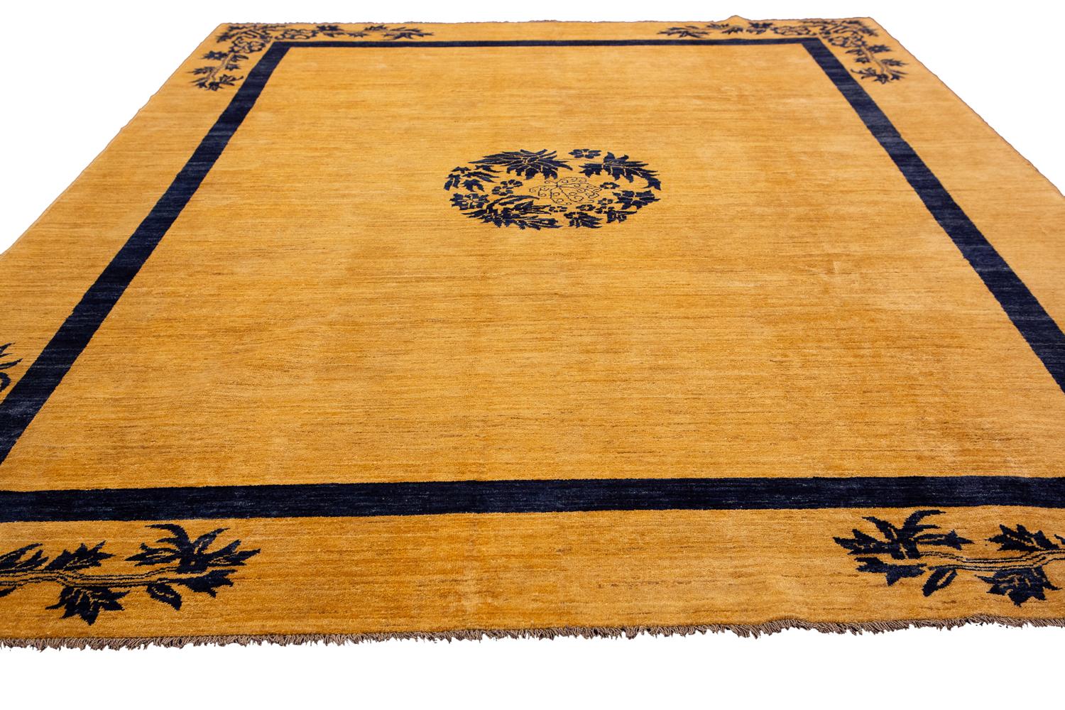 Pakistani Modern Carpet Golden-Color Field Yadan Deco’ Hand-Knotted Carpet For Sale