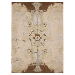 Moderner, handgewebter Teppich aus Wolle und Seide in Beige mit Used-Look und Blumenmuster in Elfenbein