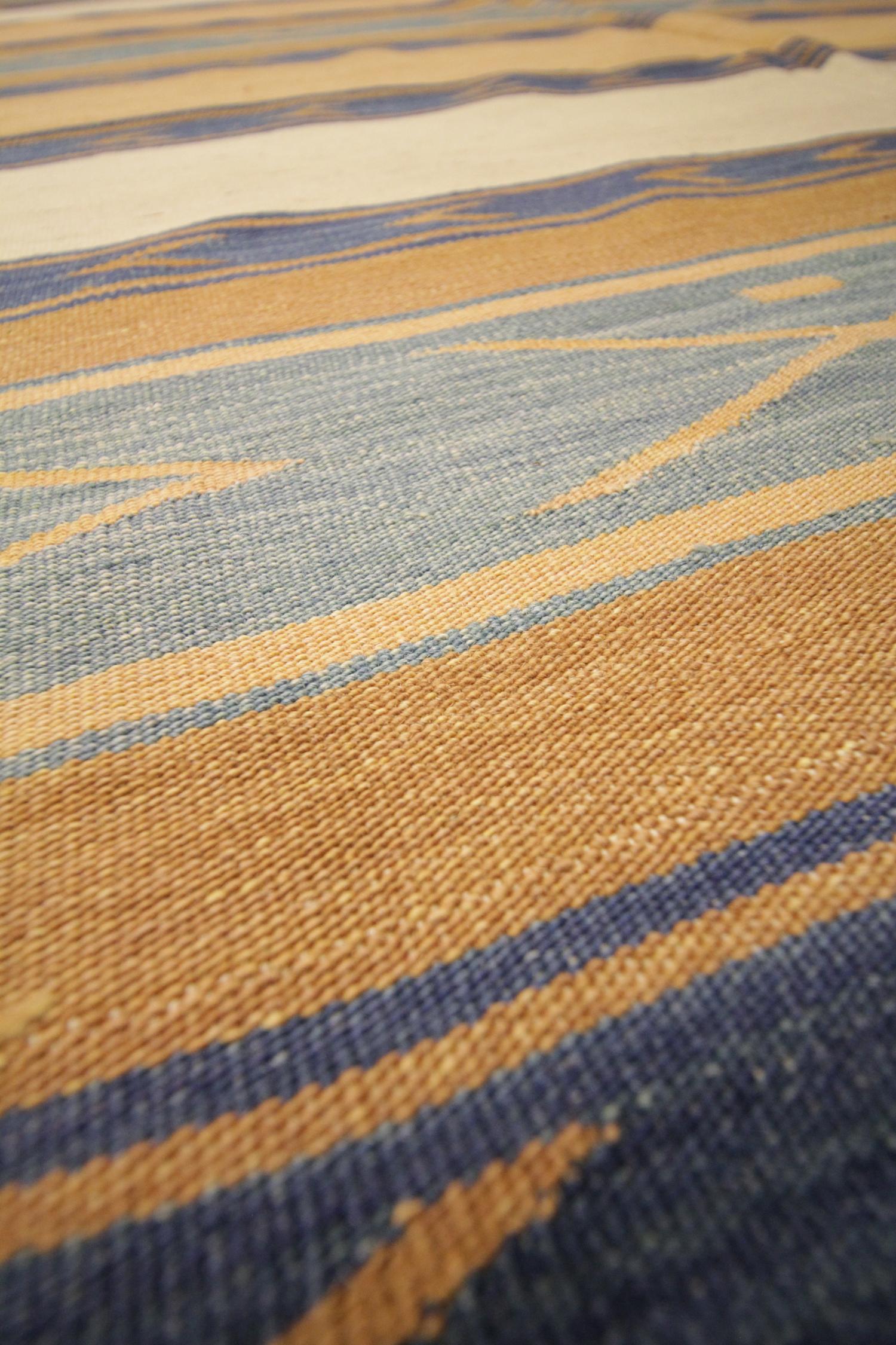Tribal Modern Carpet Wool Kilim Striped Rug Traditional Cream Blue Rug- 122x183cm  For Sale