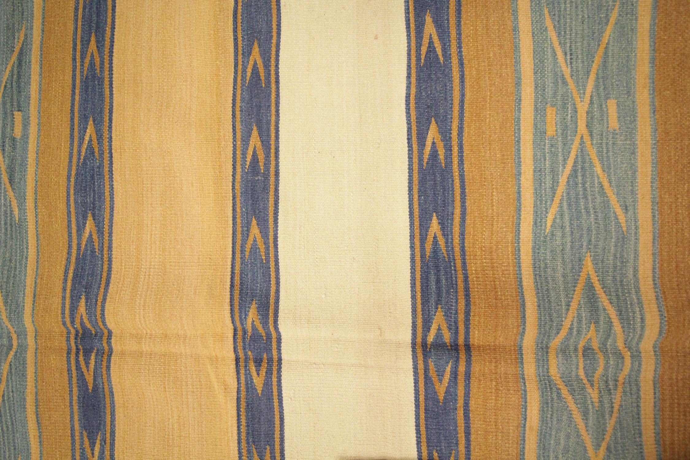 Needlework Modern Carpet Wool Kilim Striped Rug Traditional Cream Blue Rug- 122x183cm  For Sale