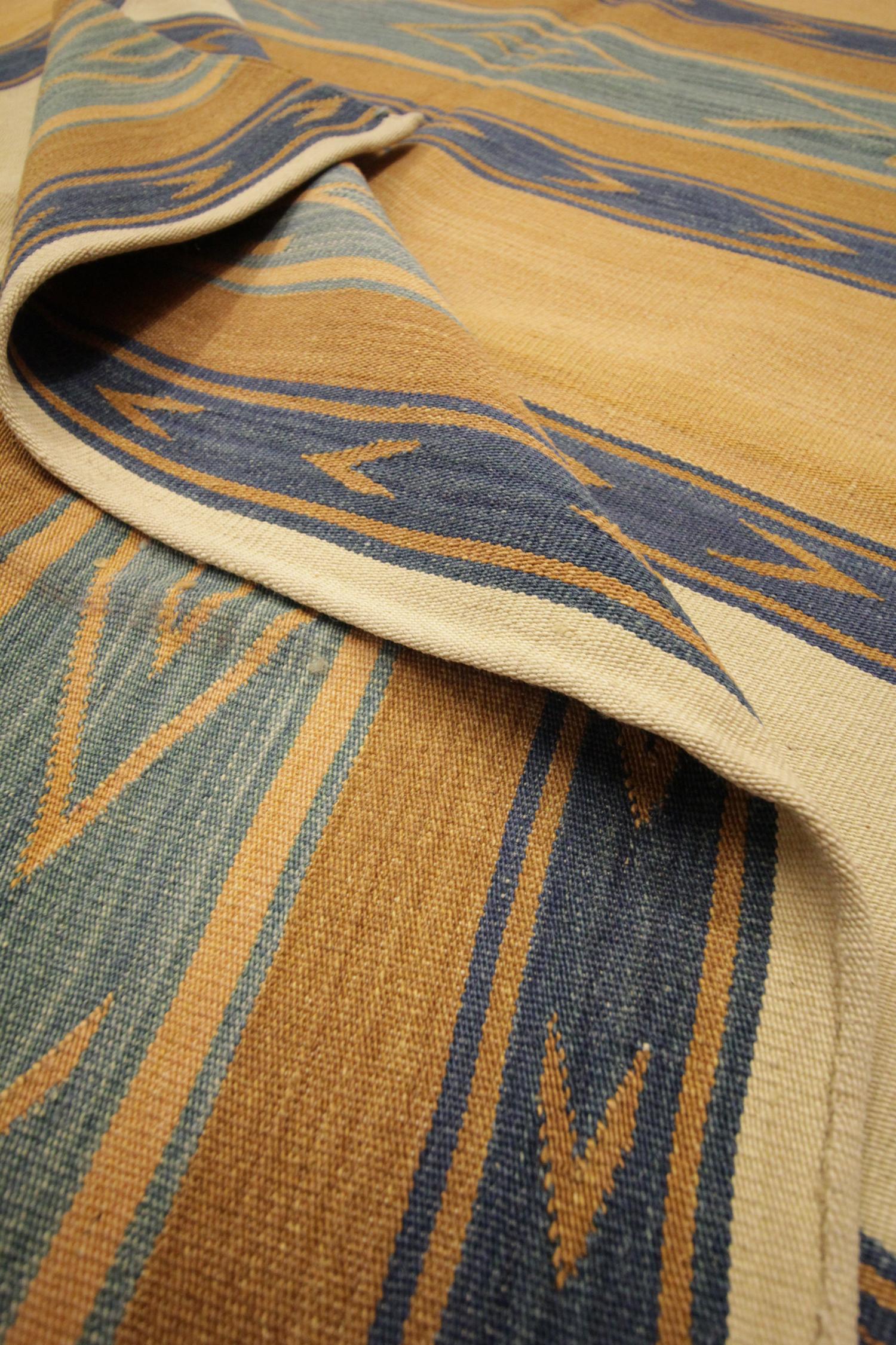 Contemporary Modern Carpet Wool Kilim Striped Rug Traditional Cream Blue Rug- 122x183cm  For Sale