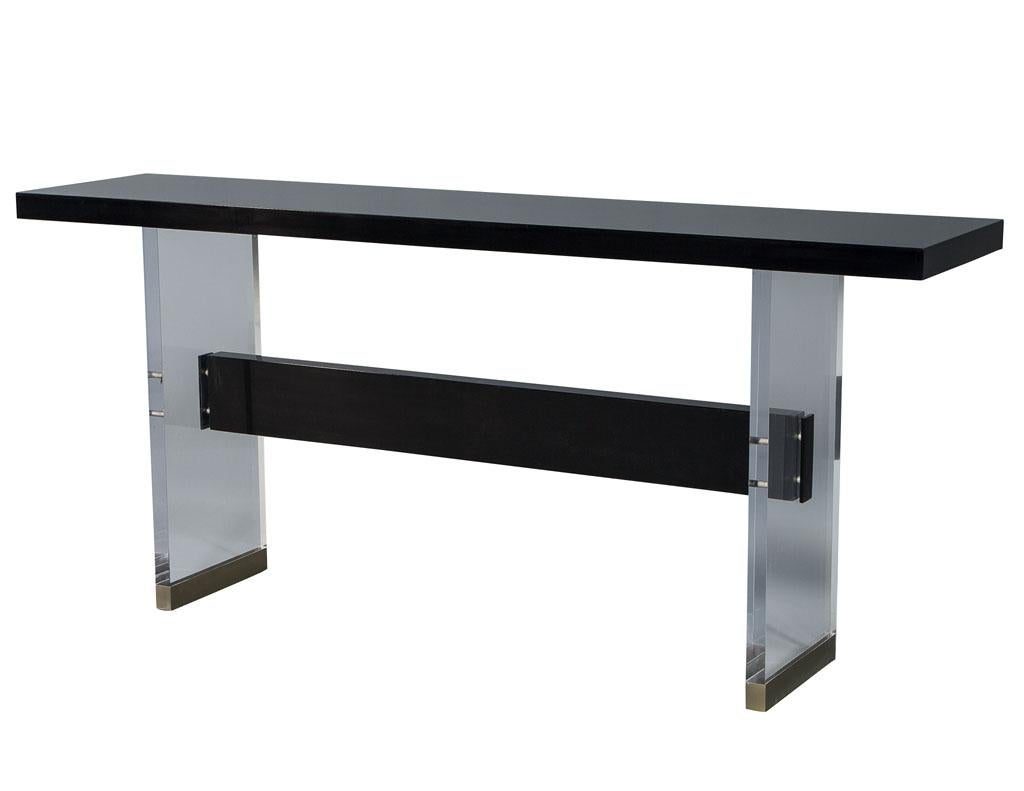 Contemporary Modern Carrocel Custom Acrylic, Black Lacquer and Walnut Console For Sale