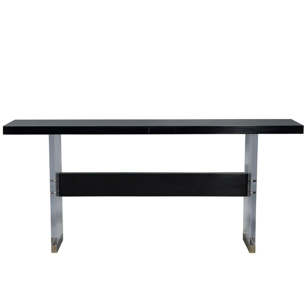 Console moderne Carrocel en acrylique, laque noire et noyer, faite sur mesure