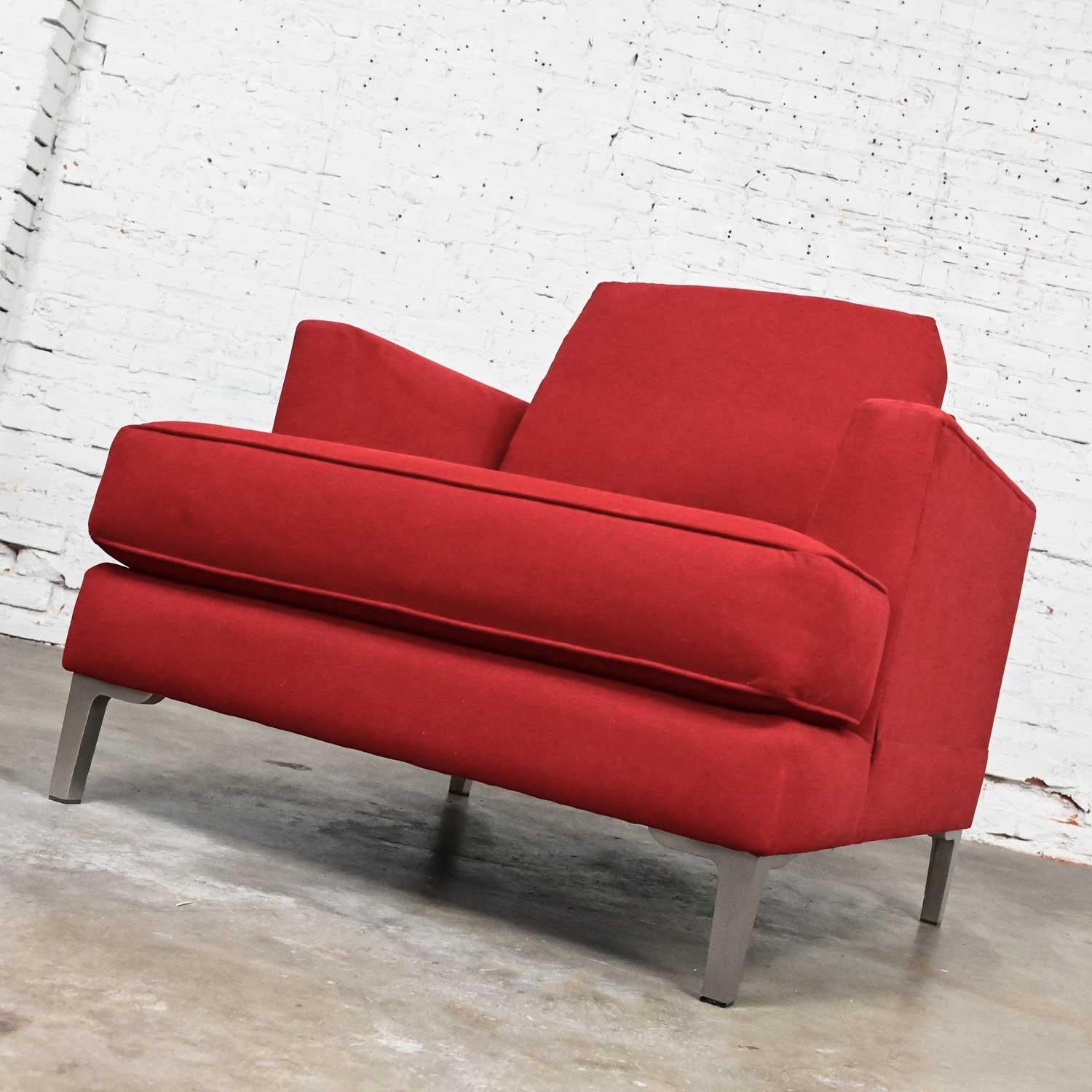 Stunning late 20th to early 21st century Modern Carter Furniture club chair attributed to Zen Collection fully upholstered in bright red euro suede with polished steel legs. Beautiful condition, keeping in mind that this is vintage and not new so