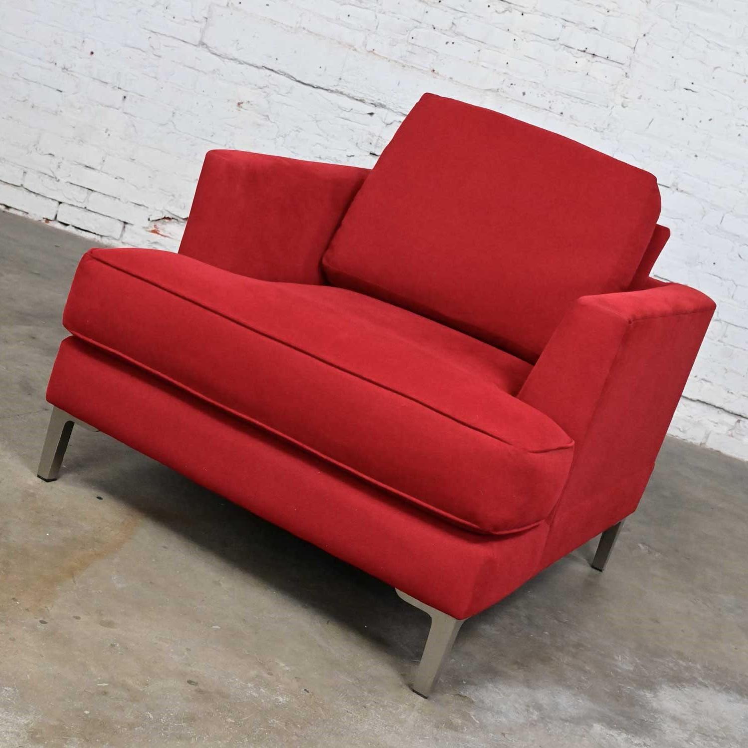 Contemporary Modern Carter Club Chair Attr Zen Collection Bright Red with Polished Steel Legs For Sale