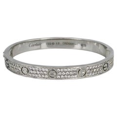 Modern Cartier Love 18 Karat Gold Pavé Diamond Size 17 Hinged Bangle Bracelet