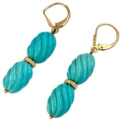 Modern Carved Persian Turquoise 14 Karat Gold Lever Back Dangle Earrings