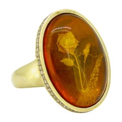 Modern Carved Rose Amber and Diamonds Yellow Gold Ring