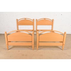 Modern Carved Solid Maple Twin Size Beds, Pair
