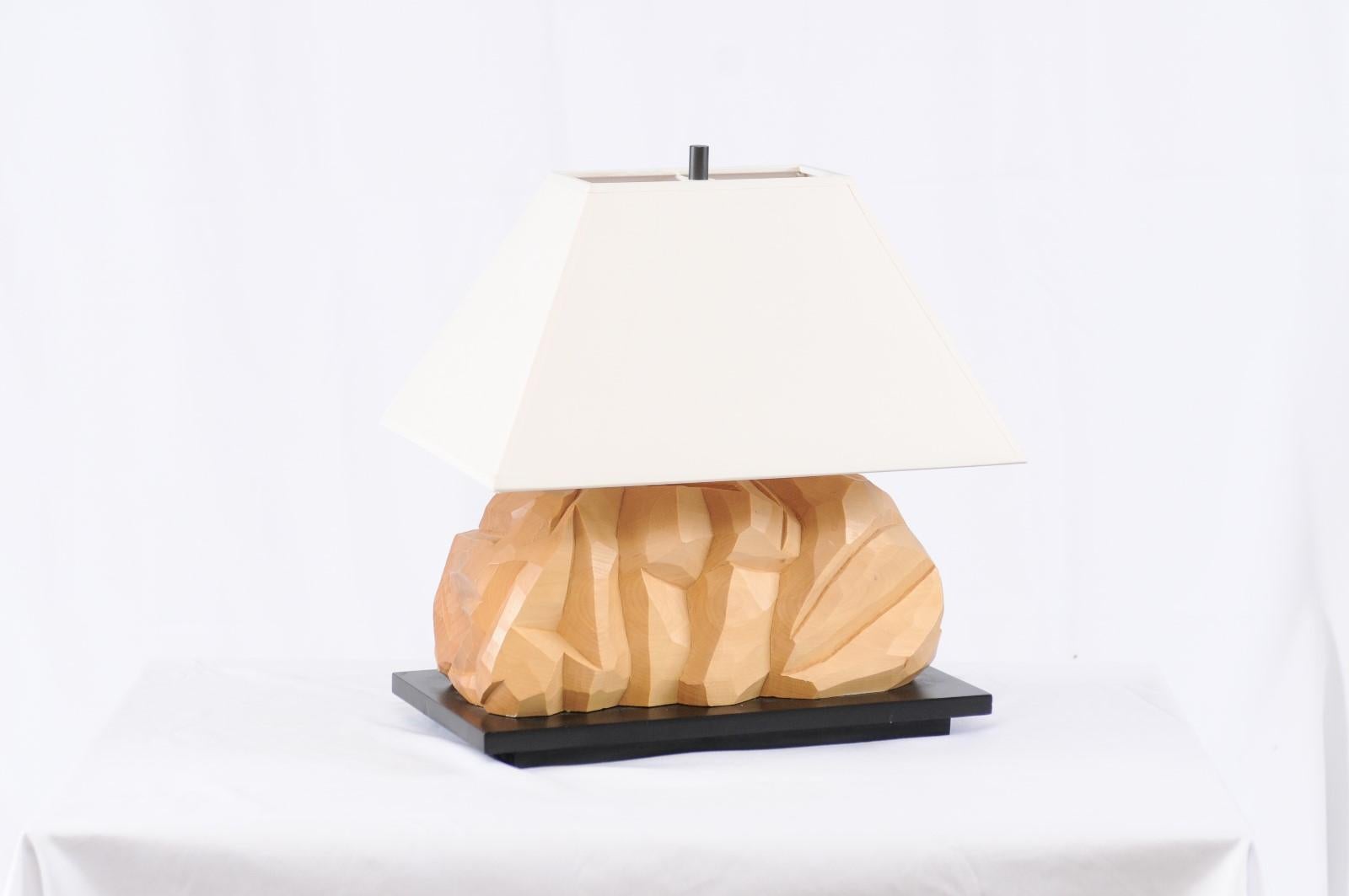 Modern Carved Wood Abstract Sculptural Lamp. Height of base: 7 inches.